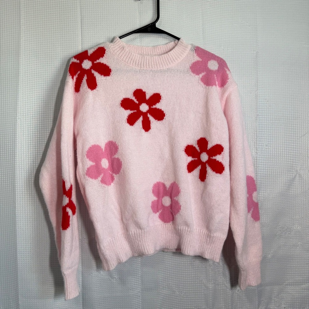 Floral Knit Sweater Pink Polyester Crewneck Flower Soft Girl XS